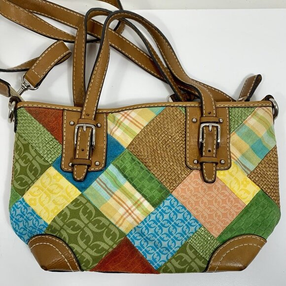 FOSSIL Key Fob Multicolor Argyle Patchwork Leather Canvas Shoulder Handbag Xbody - Picture 6 of 12